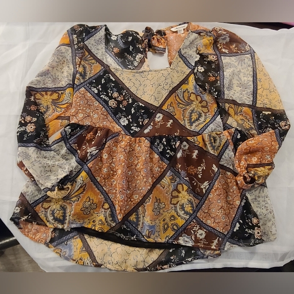 #35 American Eagle Floral Patchwork Square Neck Tie Back Babydoll Top, Medium - Picture 3 of 10